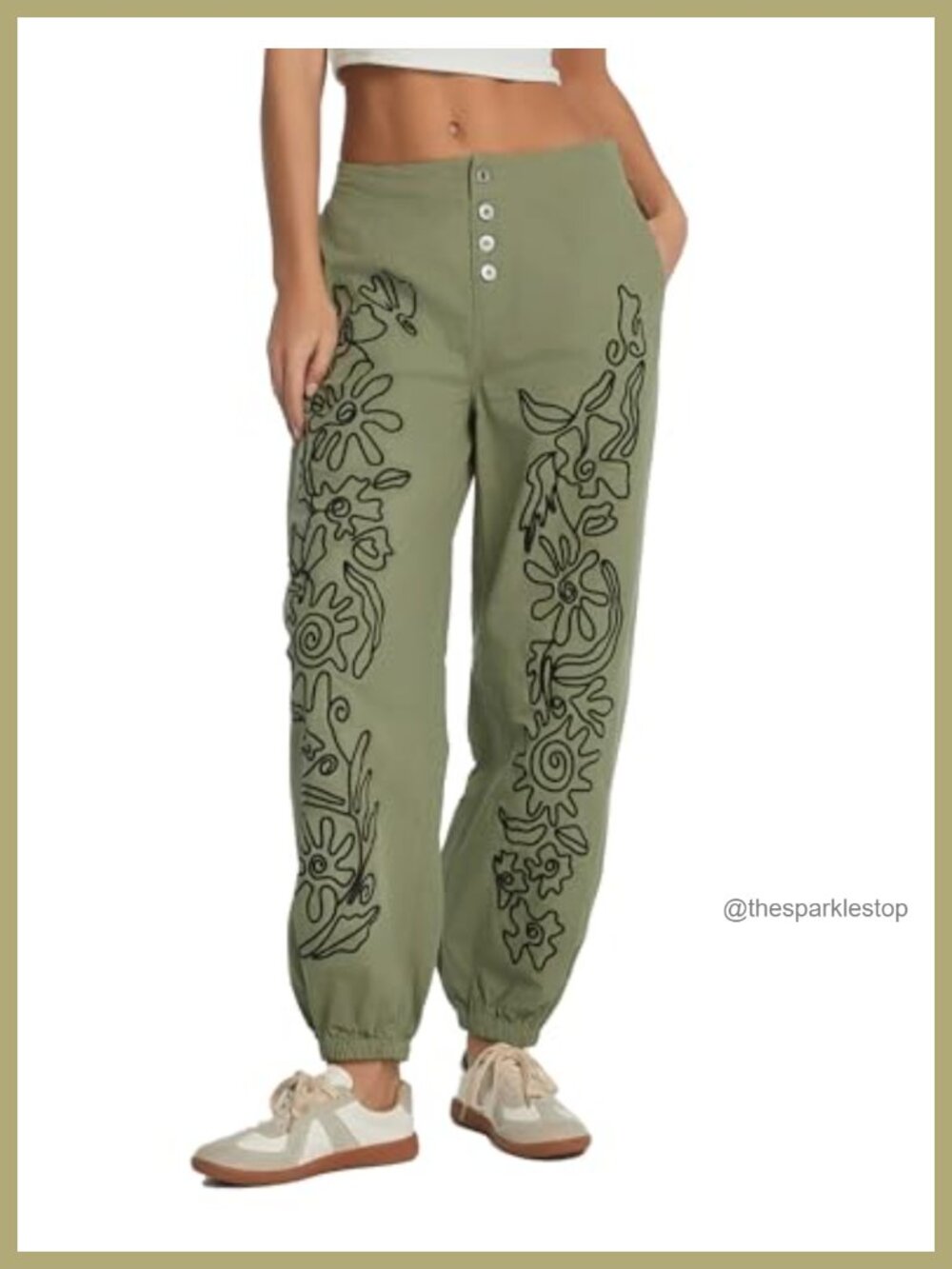 Embroidered Cotton Wide Leg Button Jogger Jeans